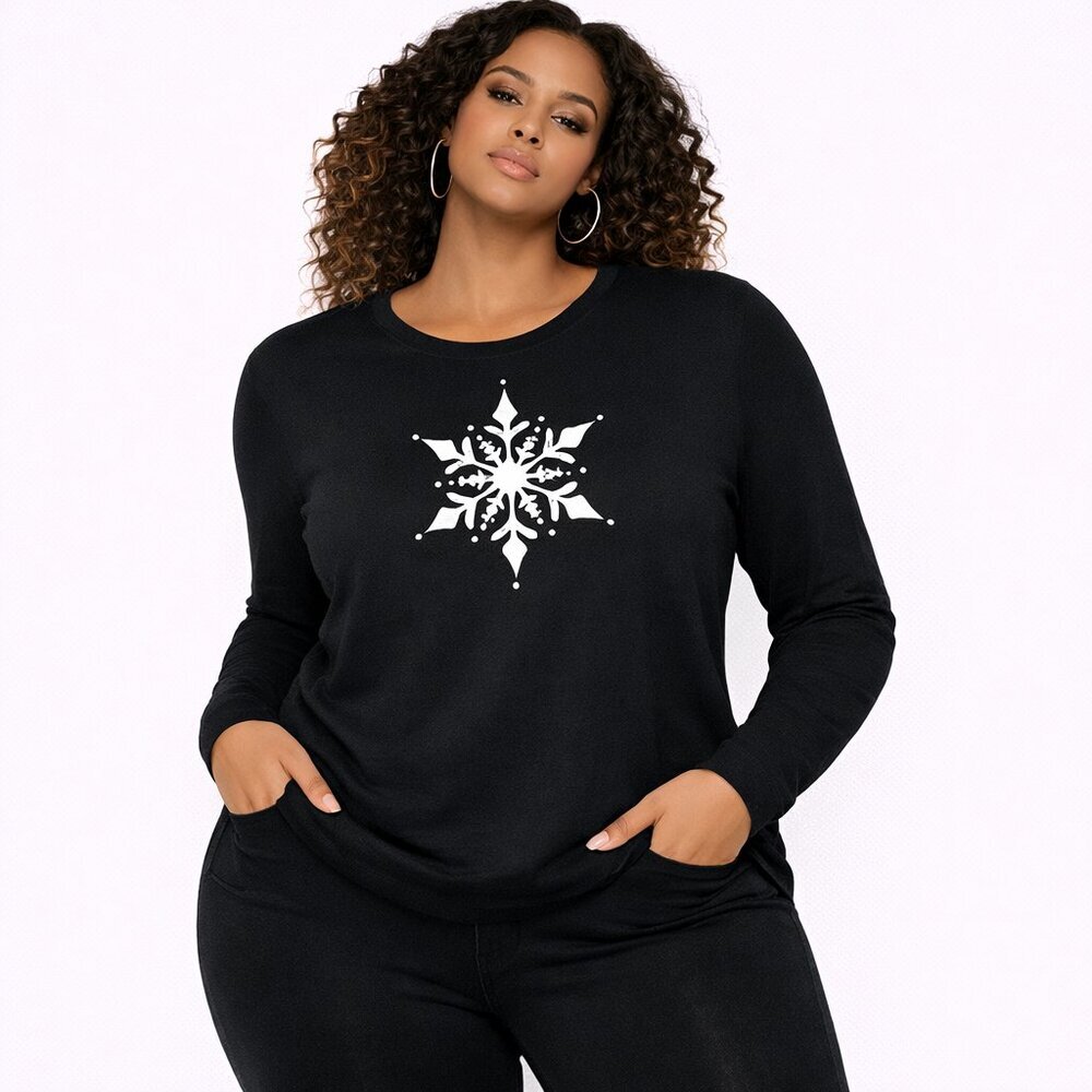 M&C Sportswear Black Christmas Long Sleeve Tee Snowflake Graphic Siz
